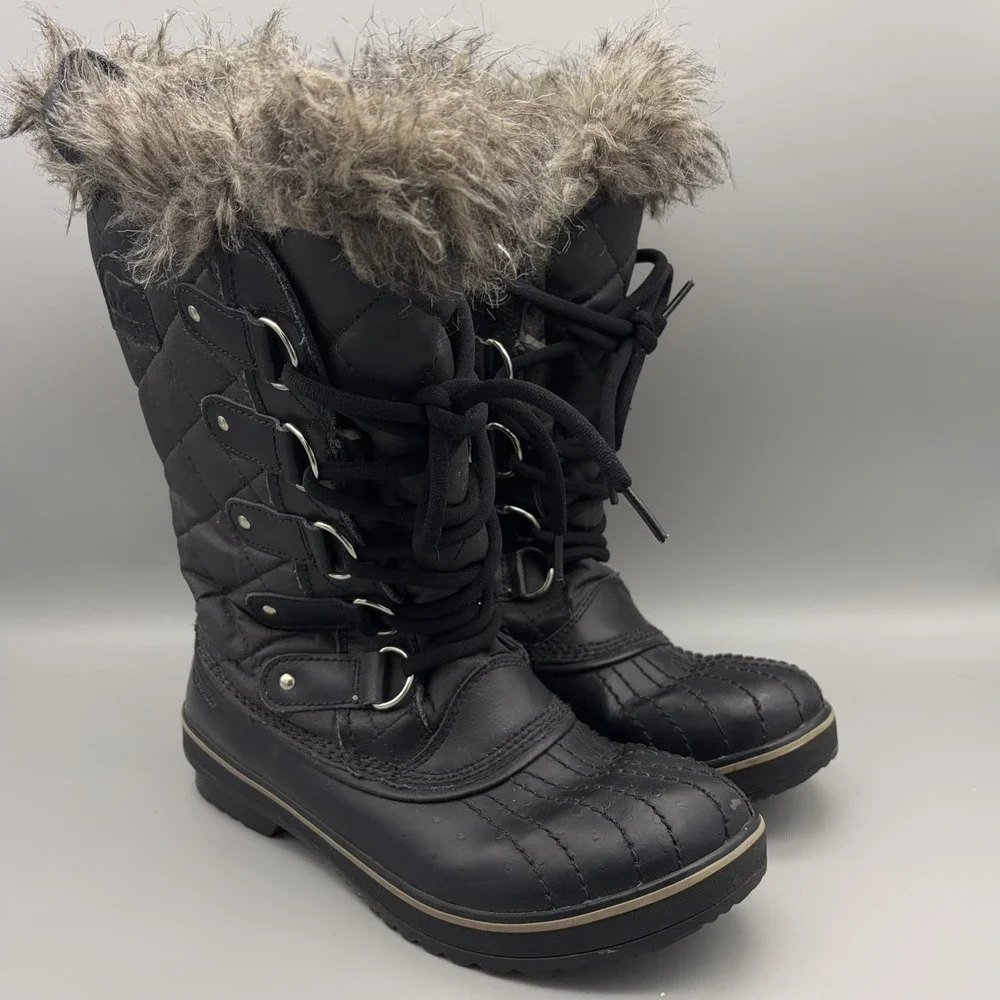 Sorel Boots Womens Size 7 Black Tofino Faux Fur Lace Up Winter Waterproof Snow